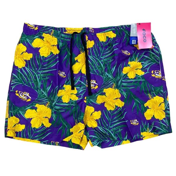 LSU Tigers NCAA Swim Trunks Mens XL Purple Gold Floral Shorts NWT - Picture 1 of 8
